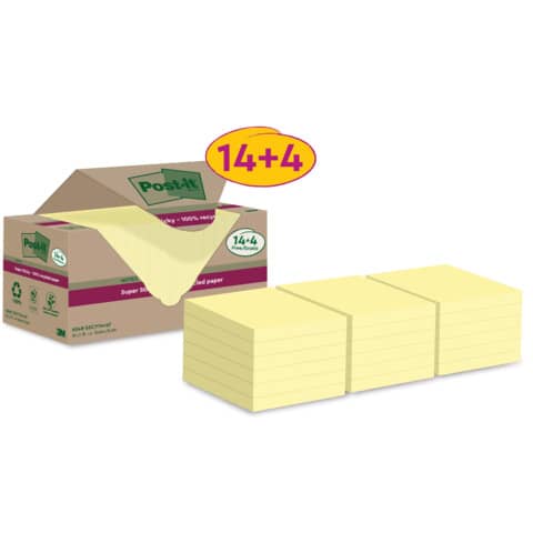 Foglietti riposizionabili Post-it® Super Sticky carta riciclata al 100% 76x76 mm Giallo Canary - 18 blocchetti da 70 ff
